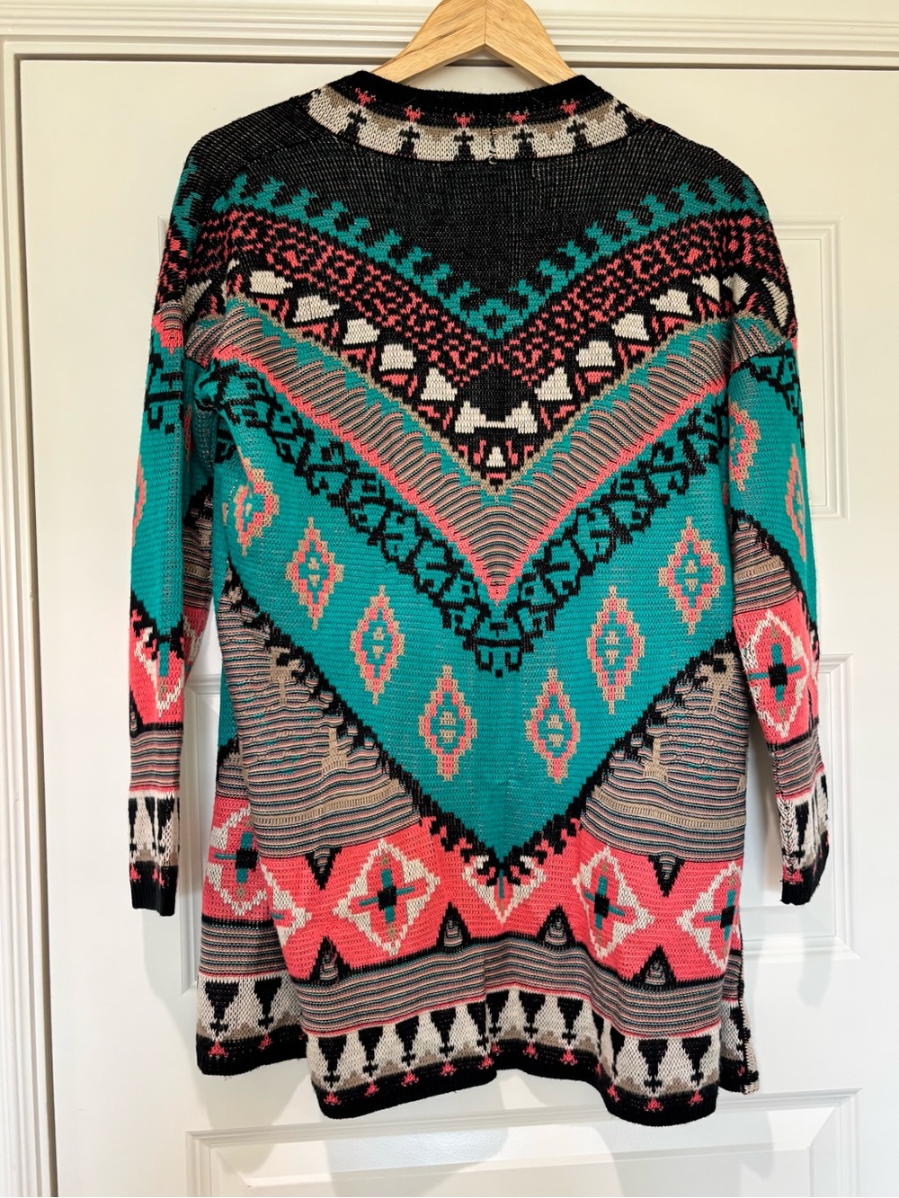 Flying Tomato S Open Sweater Cardigan Southwestern Boho Aztec Turquoise Coral - Picture 3 of 9